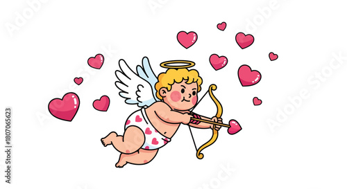 Adorable Cupid Aiming Bow and Arrow Surrounded by Flying Hearts, Symbol of Love and Romance