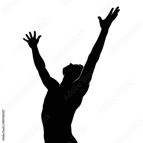Silhouette of a man with arms raised in triumph or worship.