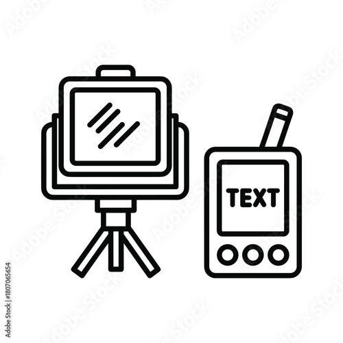 A black and white icon of a camera stabilizer and a remote control device