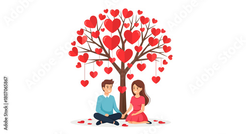 Romantic couple sitting under a heart-shaped tree, symbolizing love and connection on Valentine's Day