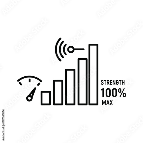 Signal strength indicator showing 100% maximum with wifi symbol and gauge, isolated on