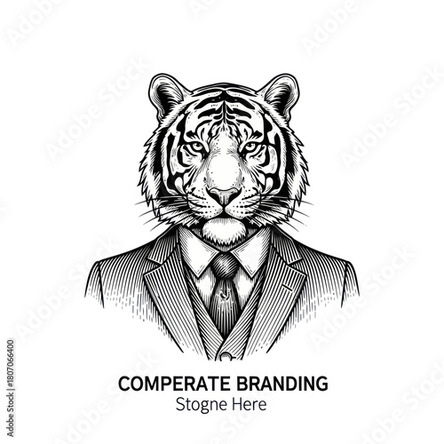 Engraving style illustration of an anthropomorphic tiger in a business suit.
