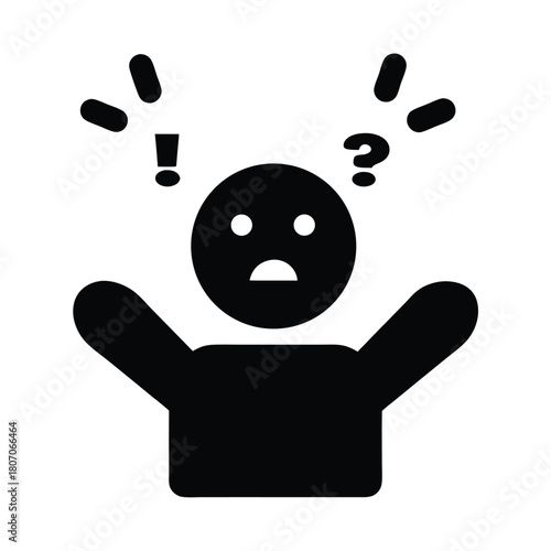 Confused Person Icon with Question Mark and Exclamation, Simple Black Vector Symbol on White Background.                                              