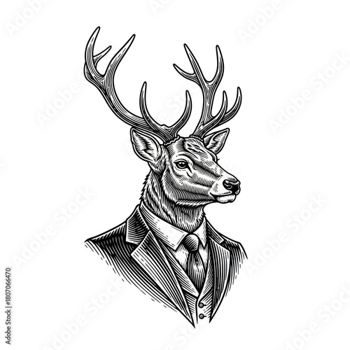 Elegant deer portrait in a suit, showcasing sophistication and style with antlers.