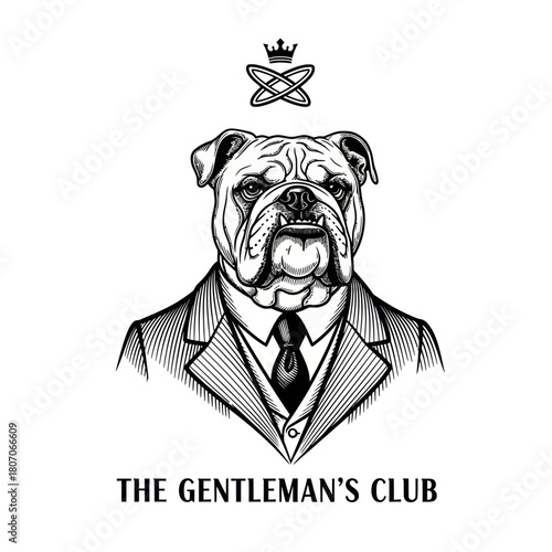 Elegant Bulldog in Suit with Crown and Intertwined Rings Logo.