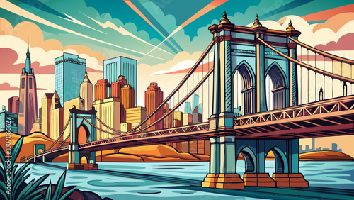 Very beautiful hand-drawn illustration of the Brooklyn Bridge in New York, featuring clean lines, balanced perspective, and artistic detailing that highlights the bridge’s structure and the serene wat