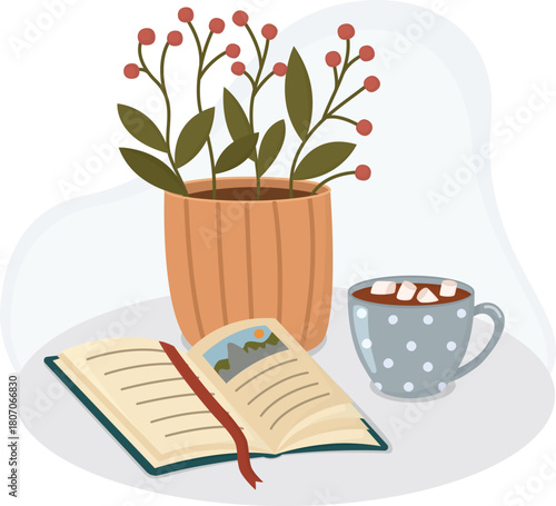 Still life composition with potted plant, open book and cup of cocoa with marshmallows. Concept of cozy reading time