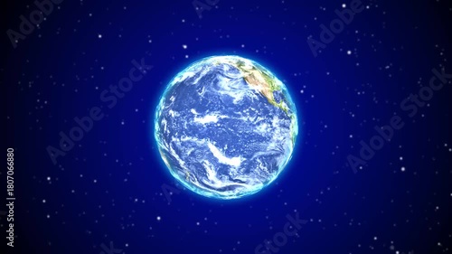 Beautiful animation of earth rotating in space with soft glowing stars and shiny light effects. Planet earth revolving slowing in a seamless loop.