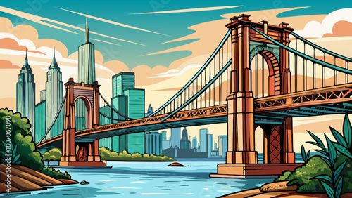 Very beautiful hand-drawn illustration of the Brooklyn Bridge in New York, featuring clean lines, balanced perspective, and artistic detailing that highlights the bridge’s structure and the serene wat