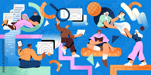 Concept of teamwork, partnership. Office workers are coworking. Group of employees works together in collaboration, cooperation. Organization of workflow in development team. Flat vector illustration.