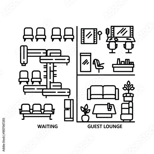 Interior design layout with waiting area and guest lounge furniture and decor, isolated on