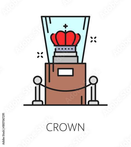 Museum art gallery and exhibition color line icon of royal crown on display, vector pictogram. Museum exhibit showcase icon of monarch symbols and antique or ancient Medieval kingdom crown on stand