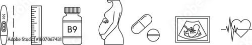 Flat vector illustration of pregnancy and prenatal care icons, medical symbols, health monitoring, supplements, ultrasound, fetus, maternity concept