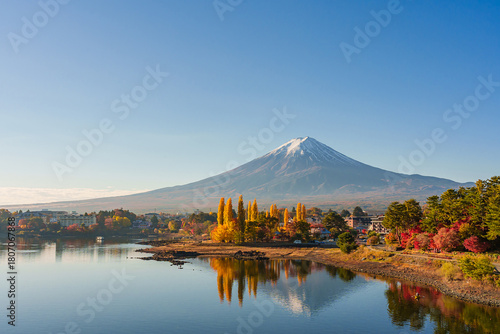 Photography Beautiful Fuji mountain and Kawaguchiko lake at sunrise, Autumn seasons at Yamanachi in Japan