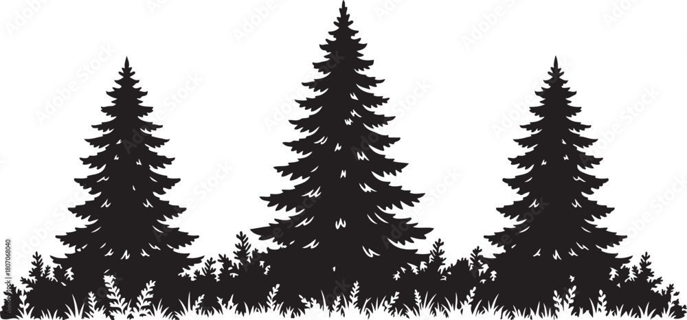 Fototapeta premium Black silhouette of pine trees and grass on white background forest nature
