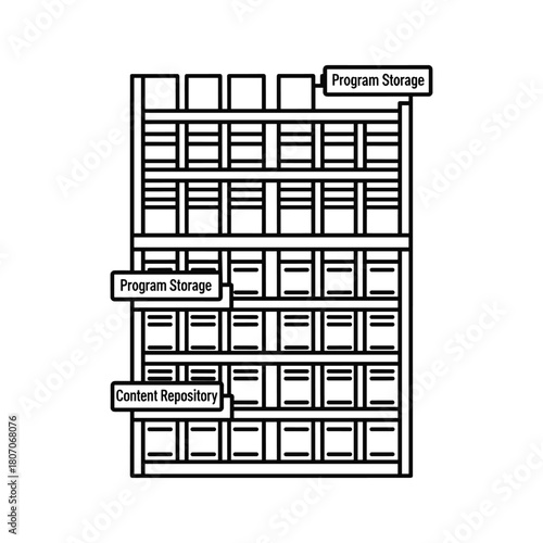 Rack of program storage and content repository shelves, isolated on