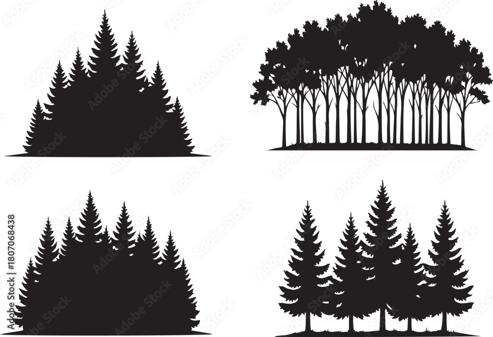 Fototapeta premium Four Black Silhouette Illustrations of Pine and Deciduous Trees on White Background