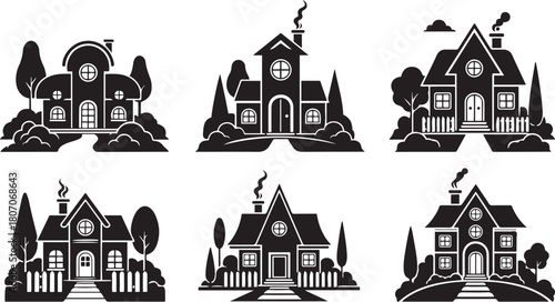 Set of six black silhouette houses with trees and fences on a white background home