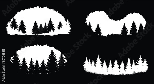 Forest silhouette illustration, pine tree landscape, black and white nature art, woodland scene, conifer forest design, outdoor graphic element