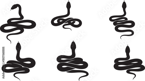 Six Black Silhouette Snake Illustrations in Various Poses on White Background serpent
