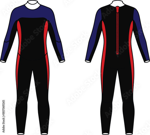 Full body wetsuit front and back view, black blue red design, water sports gear, thermal protection suit, diving apparel illustration