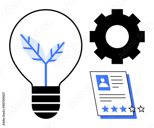 Lightbulb with sprouting leaves, gear, and profile sheet with star ratings. Ideal for innovation, growth, recruitment, career development, automation sustainability entrepreneurial effort. Simple