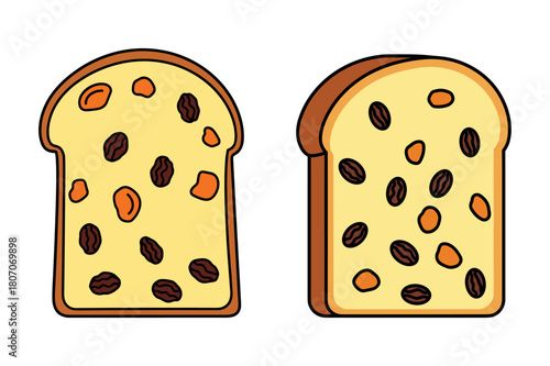 Vector Illustration of Slices of Panettone Bread with Dried Fruits and Raisins, Traditional Italian Christmas Dessert