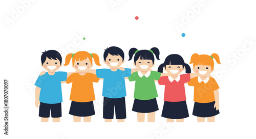 Diverse group of six smiling children with arms around each other in a cheerful illustration.