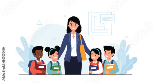 A friendly teacher stands with a diverse group of young students holding books and wearing backpacks.
