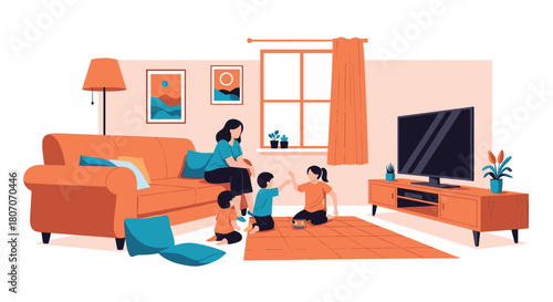 A mother and her children play together on a rug in their living room.