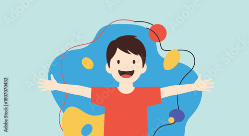 Joyful child with arms outstretched, surrounded by colorful abstract shapes and strings.