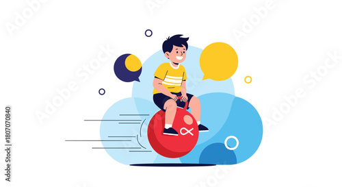 A happy cartoon boy rides a red bouncy ball with motion lines and speech bubbles in the background.