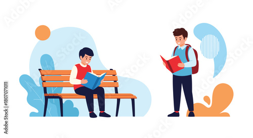 Two young students reading books outdoors on a sunny day with abstract shapes in the background.