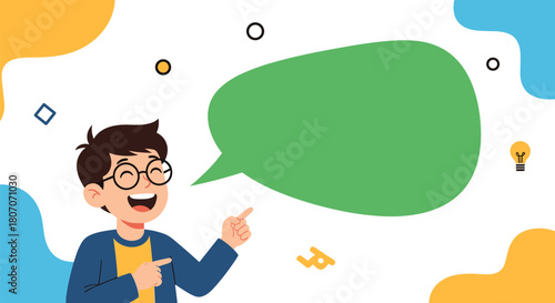 Cartoon boy with glasses pointing to a green speech bubble, surrounded by colorful abstract shapes.