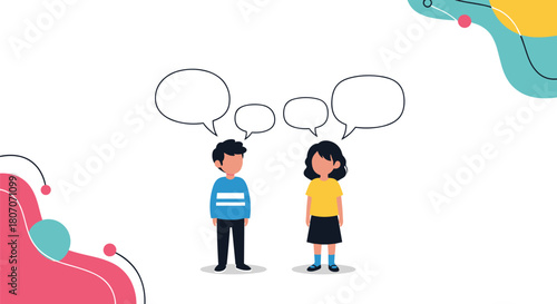 Two children with empty speech bubbles above their heads communicate visually.