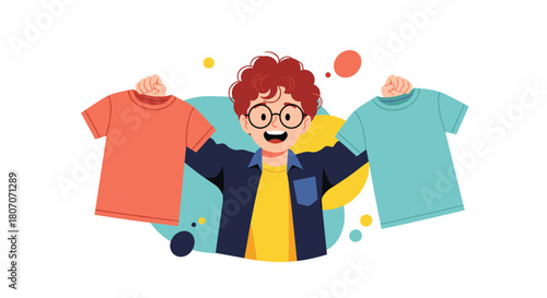 Cheerful cartoon boy holding up two t-shirts, one orange and one blue, against a colorful background.
