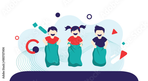 Children enjoying a sack race, jumping and having fun together with colorful decorations.