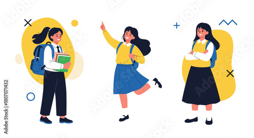 Three diverse schoolgirls in uniform with backpacks and books ready for the school day.