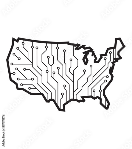 United States Map with Electronic Circuit Board Pattern Digital Technology and Connectivity Concept