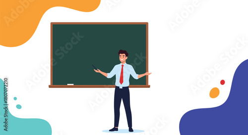 A male teacher in a light blue shirt and red tie stands in front of a chalkboard, gesturing with a pointer.