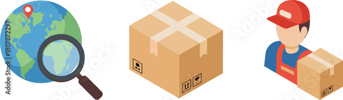 Global package tracking, shipping logistics, delivery service, courier with parcel, cardboard box, international shipment, location pin, fast transport, ecommerce solution