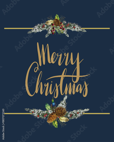 Elegant “Merry Christmas” greeting in golden script with holly and floral elements on a dark blue background. Perfect for cards and seasonal promotions.