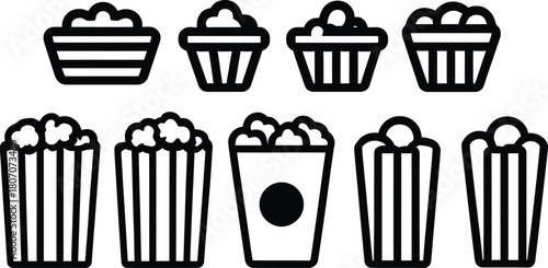 popcorn bucket icon set silhouette style minimal vector art illustration on a white background
