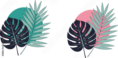 Flat vector illustration of tropical leaf composition, monstera and palm fronds, colorful circle background, minimal botanical design, modern nature art