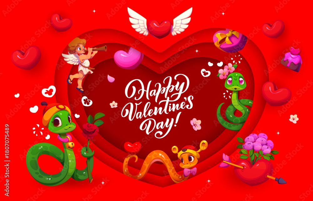 Naklejka premium Paper cut Valentines day greeting card featuring a deep red layered heart background with romantic cartoon snakes, cupid playing a flute and love themed elements like chocolate, roses, hearts or gifts