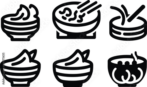 ramen bowl icon set silhouette style minimal vector art illustration on a white background

