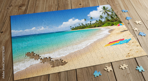 Beach Paradise Puzzle Completion: Tranquil Escape on Wooden Table, Finding Peace and Relaxation Through Cognitive Challenges and Dreamy Destinations in
