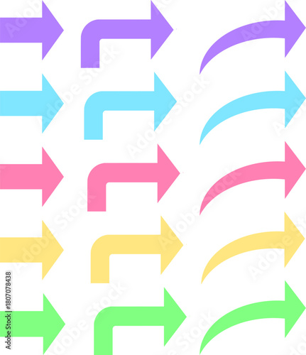 矢先短めのシンプルで使いやすい3種矢印(シンプル、曲がり、ジグザグ)、5色セット_パステルカラー(ピンク、黄、緑、水色、紫)