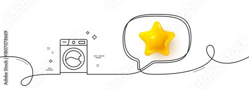 Washing machine line icon. Continuous line with 3d star. Cleaning service symbol. Laundry sign. 3d star in speech bubble. Washing machine single line ribbon. Loop curve pattern. Vector