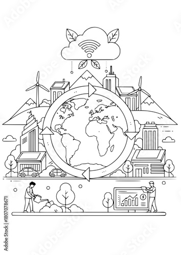 Sustainable City and Green Energy Concept - Heavy Line Art Outline